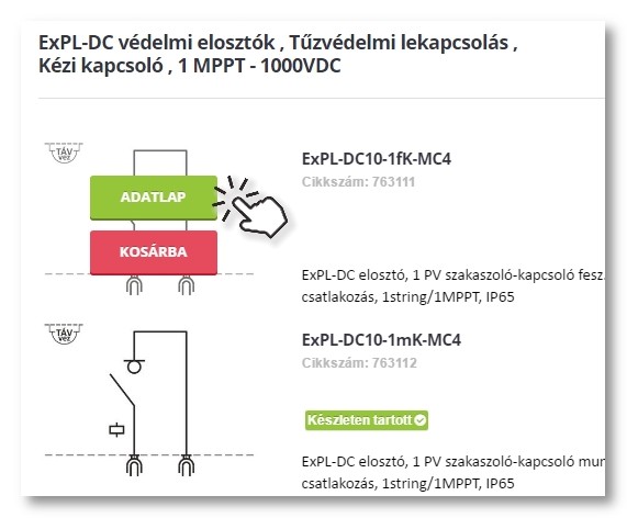 Termék adatlapjának kiválasztása